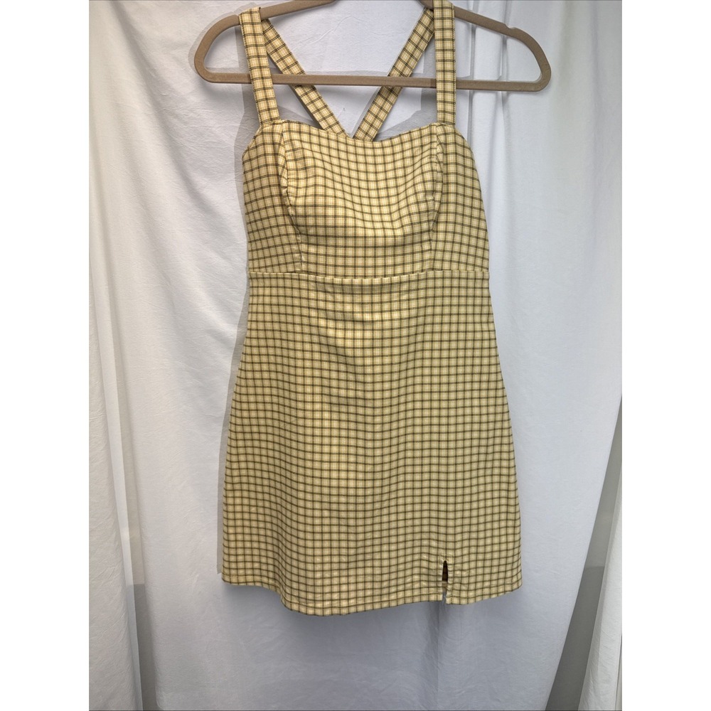 Hollister Plaid Stretch Mini Overall Dress Yellow Plaid Y2K Clueless Size Small